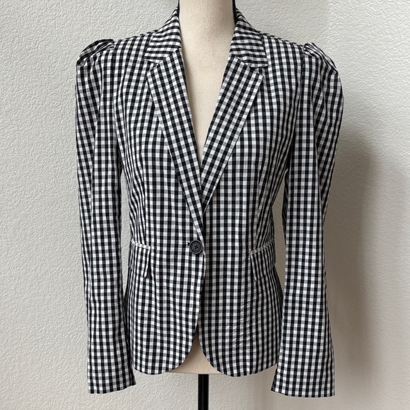 Who What Wear Black White Gingham Check Puff Sleeve Blazer Size Medium - Picture 3 of 8
